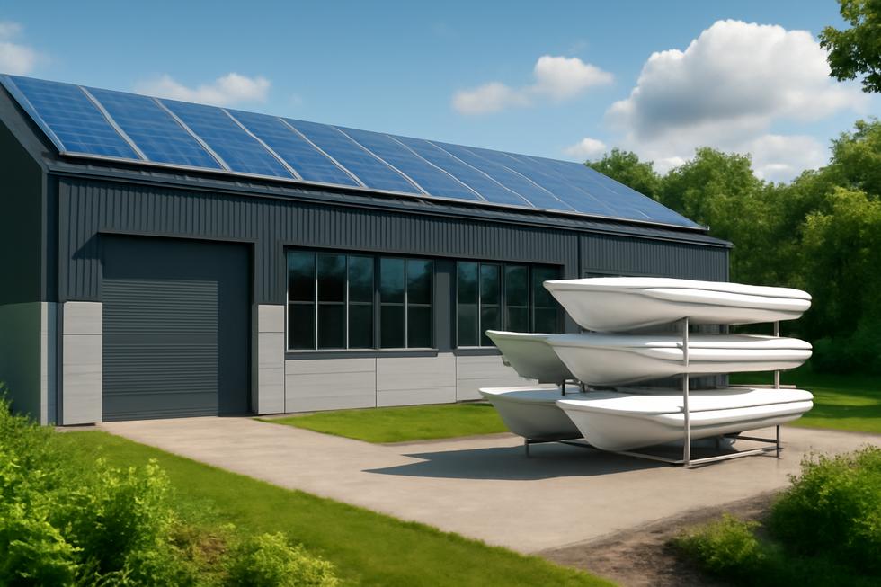 A panoramic view of a boat tray manufacturing facility showcasing green technology and sustainable architecture.