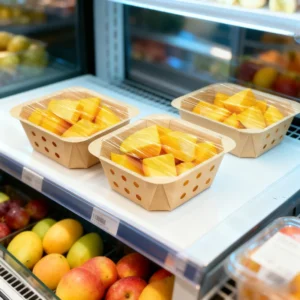 Disposable USA Market Packaging Sustainable Paper Box with Vent Holes Kraft Paper Fruit Tray with Film Sealing