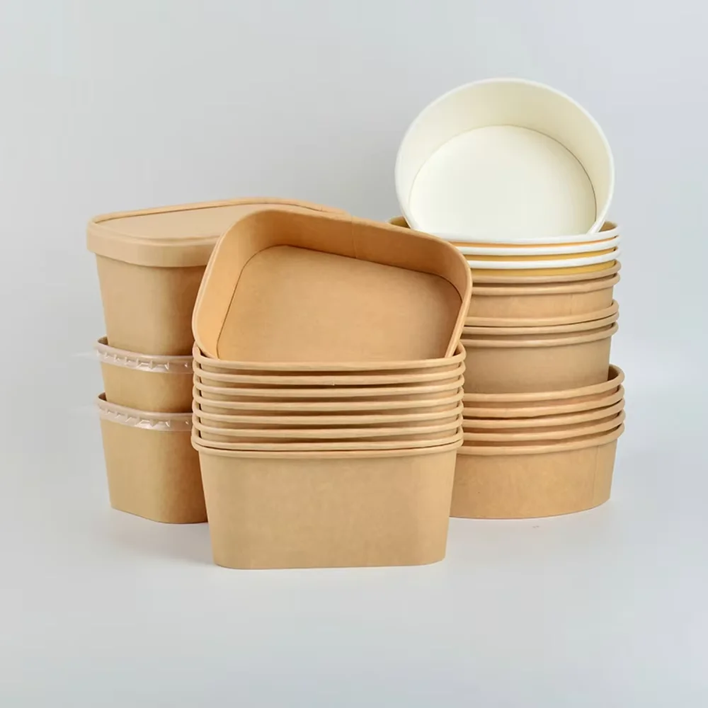 Takeaway Container Round Square Pet Lid Disposable Take Away Kraft Paper Bowl