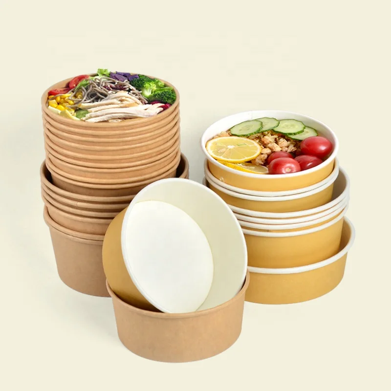 Eco Friendly Camping Disposable Round Waterproof Oilproof Kraft Paper Salad Bowl with PP & Paper Lid White Brown - Image 4