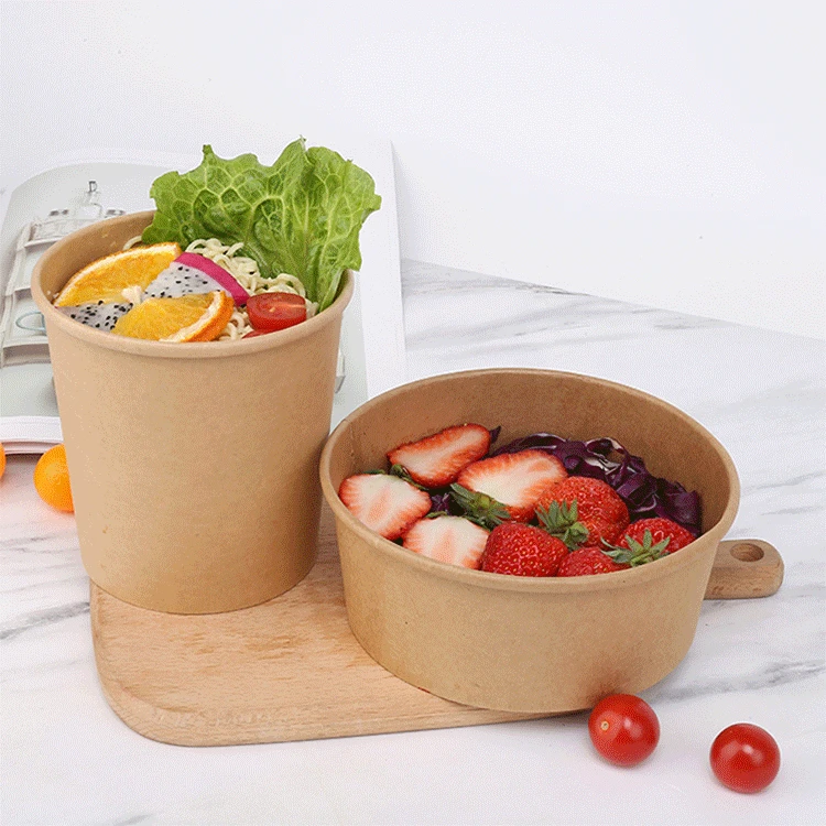 Eco Friendly Camping Disposable Round Waterproof Oilproof Kraft Paper Salad Bowl with PP & Paper Lid White Brown - Image 2