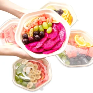 Customizable Biodegradable Hexagonal Sugarcane Bagasse Pulp Salad Bowl with Lid Accessory for Food Packaging and Camping