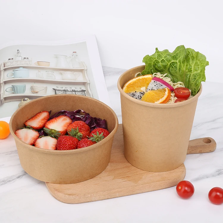 Disposable Eco Friendly Kraft Paper Salad Bowl with Lid Customizable Logo 1100ml Capacity Wholesale - Image 2