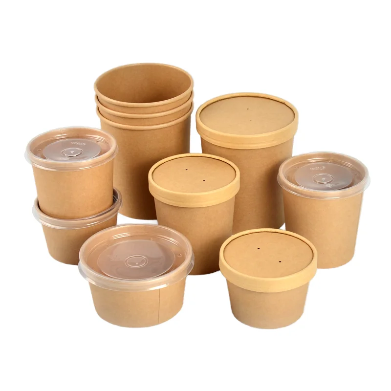 Food Grade Disposable Kraft Paper 12oz Porridge Bucket Portable Microwavable Paper Soup Cup With Lids