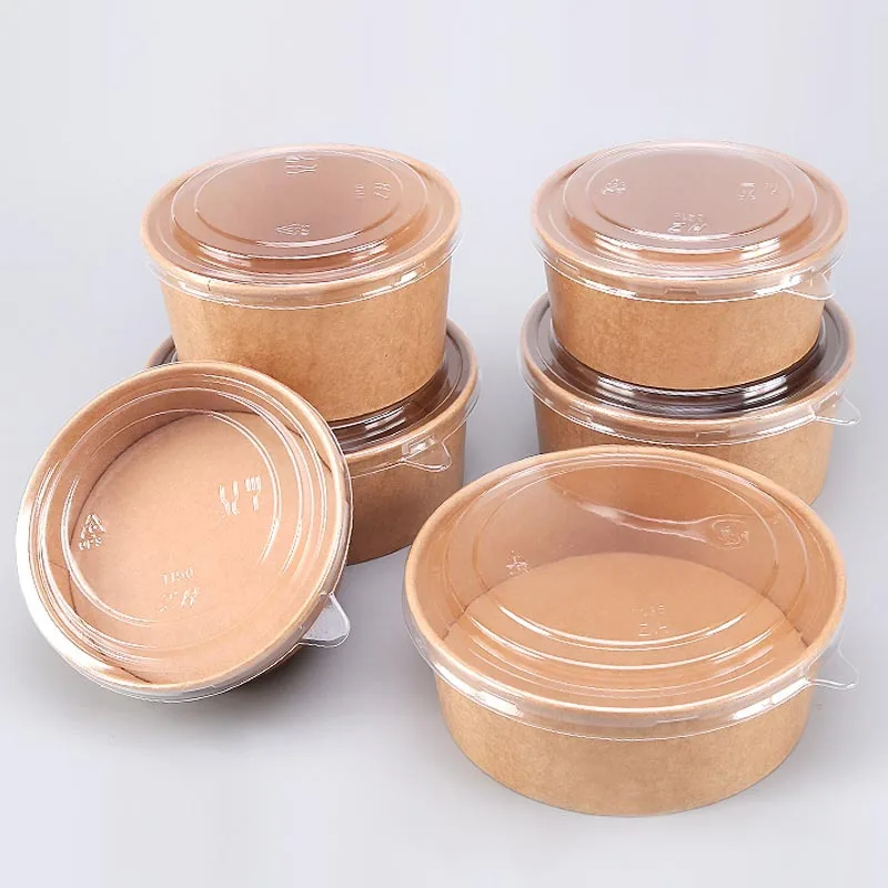 500ml 750ml 1000ml 1300ml Printed Disposable Kraft Paper Bowl Take Away Bowl clear Lid