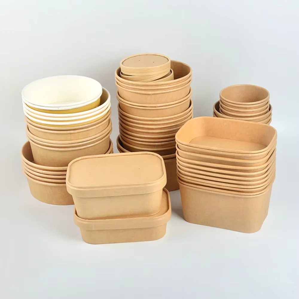 Factory Square Salad Takeaway Container Away Box Lid Take Way Quarter 1500Ml Kraft Paper Bowl