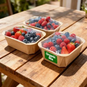 Custom Safe Packaging for Grocery Chains Paper Fruit Tray with Vent Holes Eco Kraft Produce Tray with Cling Film Seal