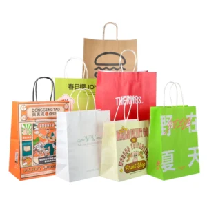 Custom Brand Logo Kraft Paper Bag Food White Kraft Carry Your Own Logo Pink Thank You to Go Paper Bag Kraft With Handle