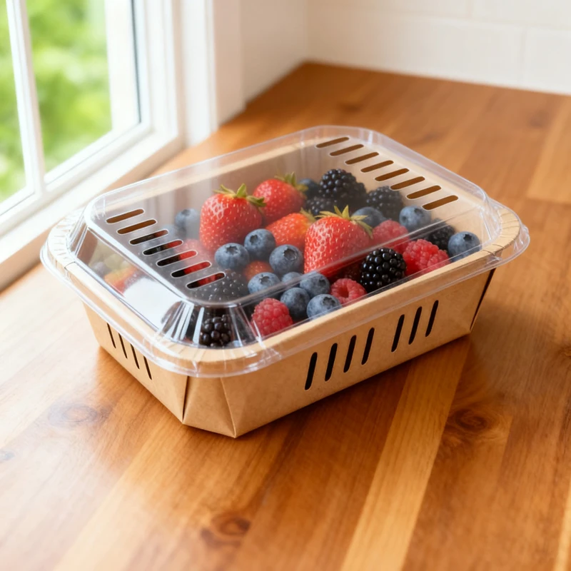 Wholesale Recyclable Material for Farms Fruit Shops Retail Fruit Vent Holes Paper Produce Trays with Plastic Wrap Seal - Image 2