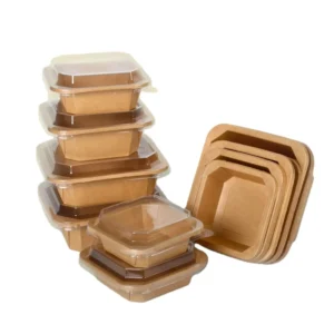Kraft Paper 400ml Octagonal Bowl with Lid in Stock Bento Delivery Paper Bowl with PET Lid Set