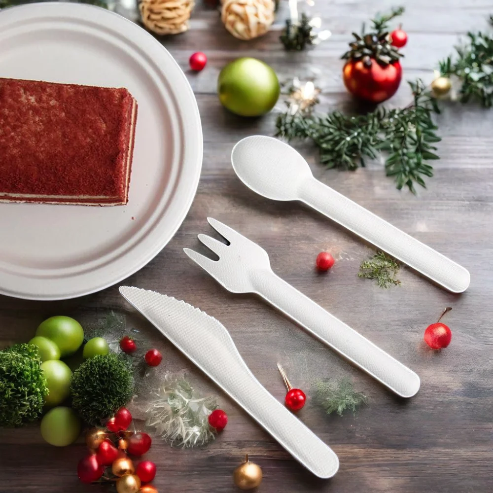 Biodegradable Disposable Cutlery Dinner Sugarcane Paper Plates Set Forks Knives Spoons Set - Image 2