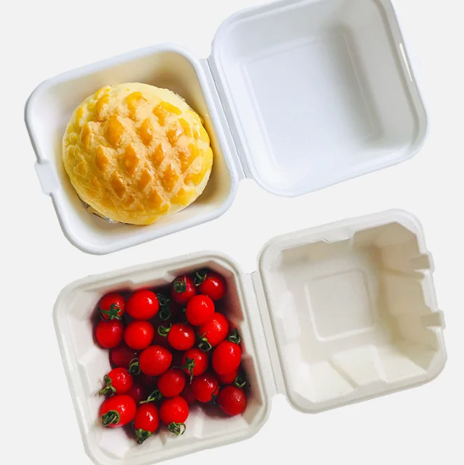 Brand New Biodegradable Bagasse 6 Inches Burger Hamburger Box Sugarcane Pulp Clamshell Container - Image 6