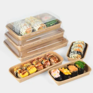 Biodegradable Kraft Take Away Take Out to Go Restaurant Rectangle Disposable Paper Plastic Sushi Box Container