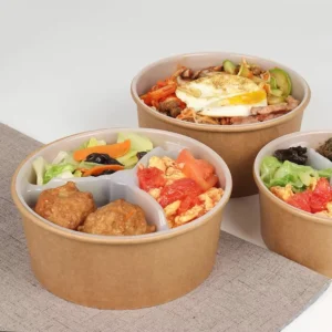 Eco Friendly Disposable Camping Brown Paper Round Clear Salad Bowl with PP+Paper Lid