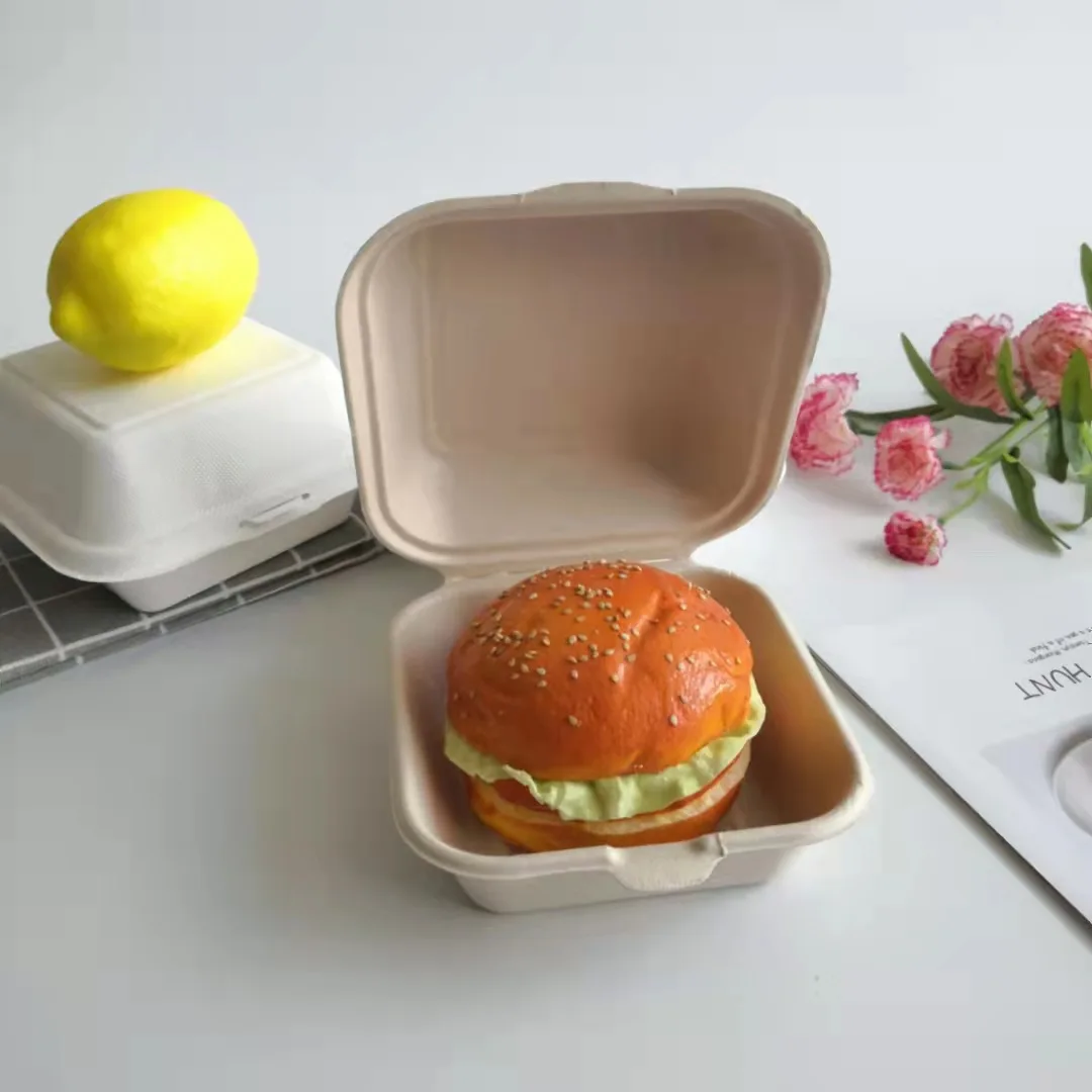Brand New Biodegradable Bagasse 6 Inches Burger Hamburger Box Sugarcane Pulp Clamshell Container - Image 3