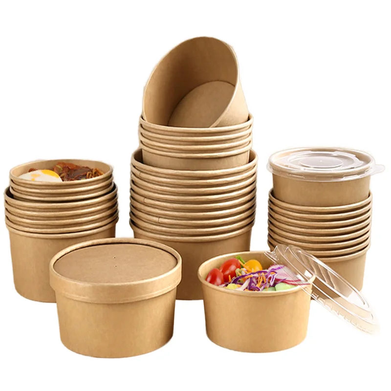 Disposable 26oz Kraft Paper Soup Cup Bowl With Paper Lid Takeaway Lunch Packing Takeout Food Packaging Bucket Bowl