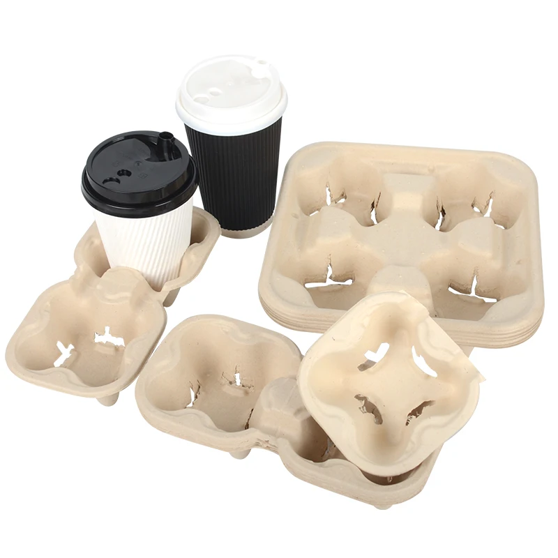 Sugarcane Bagasse Cup Holder Custom Corrugated Disposable Paper Cup Holder Tray Wholesale Recyclable Beverage Carrier - Image 4