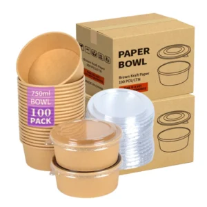 Disposable 500ml 750ml 1000ml 1100ml Round Kraft Paper Fruits Bowl Salad Food Container Takeout Round Paper Bowl 100 Sets
