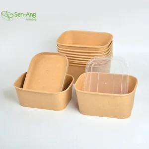 Best Price Recyclable Kraft Paper Disposable Rectangle Takeaway Salad Bowl PP/Paper Lid 750ml Microwavable Sugar Use Embossing