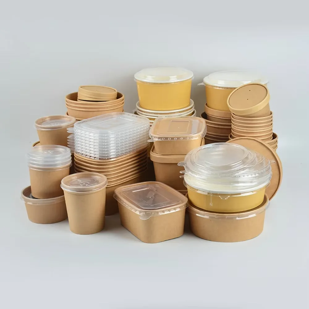 New Arrival Mixing Container Cover 500Ml Salad With Lid Disposable Kraft Paper Take Way Bowl