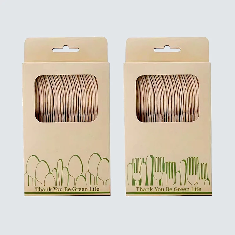 Wooden Spoon Fork Knife Disposable Birch Wood Cutlery with Paper Box