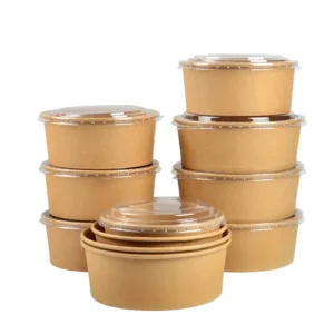 500ml Round Shape Kraft Salad Paper Bowl With PET Lid and Paper Lid Lunch Box Pe Coated Microwaveable