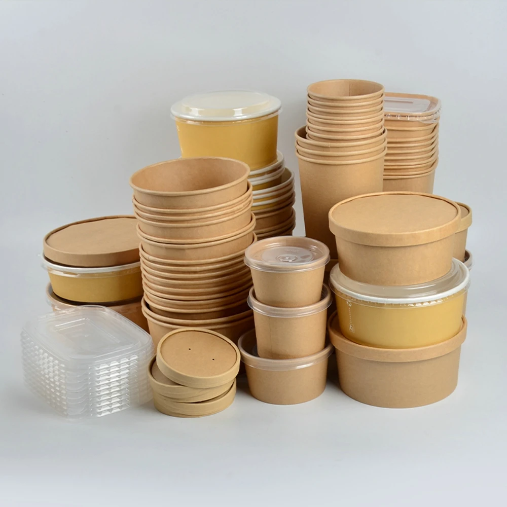 Customized Design Containers Wholesale Eco-friendly Soup Salad Cups With Lid Food Disposable Kraft Paper Bowls