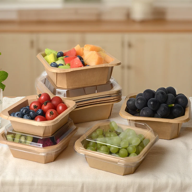 Disposable Kraft Paper Food Container Customized Waterproof Packaging Lunch Box Square Paper Salad Bowl With Lid