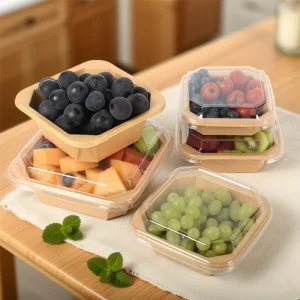 Custom Print Logo Disposable Kraft Paper Take Away Box Salad Container Octagonal Paper Bowl With Lid