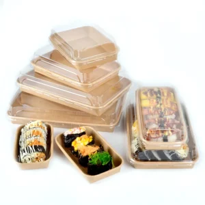 Disposable Kraft Paper Box Pastry Dessert Tiramisu Cake Takeaway Sushi Catering Rectangular Shape Clear Plastic Stamping