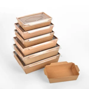 Disposable Recycle Kraft Paper Food Lunch Packaging Box With Compartment Anti-fog PET Lid