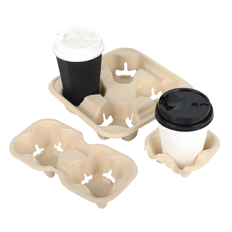 Sugarcane Bagasse Cup Holder Custom Corrugated Disposable Paper Cup Holder Tray Wholesale Recyclable Beverage Carrier