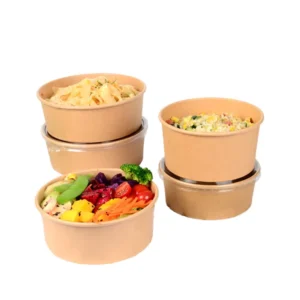 Disposable Containers Take Away Food Packaging Kraft Paper Salad Bowl with PET Lid Kraft Paper Bowl 100 Sets