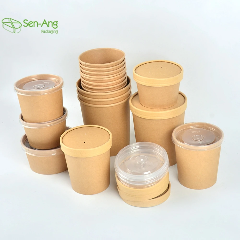 Commercial Disposable Container 8Oz Soup With Lid Multi Size Round Kraft Paper Bucket - Image 3