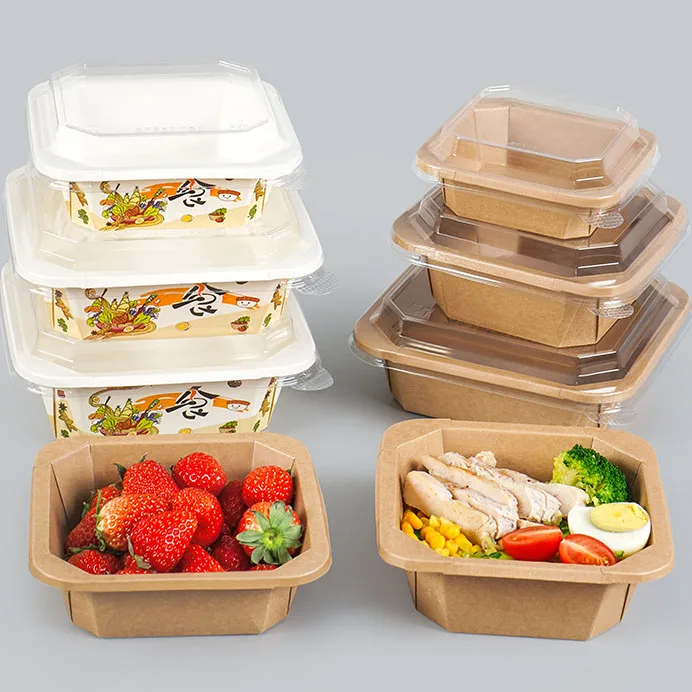 Salad Rectangle Takeaway Kraft Paper Octagonal Bowl with Lid - Image 2