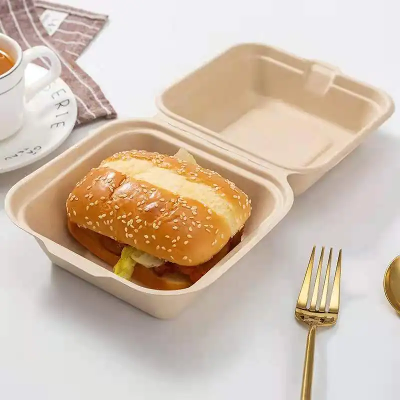 Brand New Biodegradable Bagasse 6 Inches Burger Hamburger Box Sugarcane Pulp Clamshell Container - Image 4
