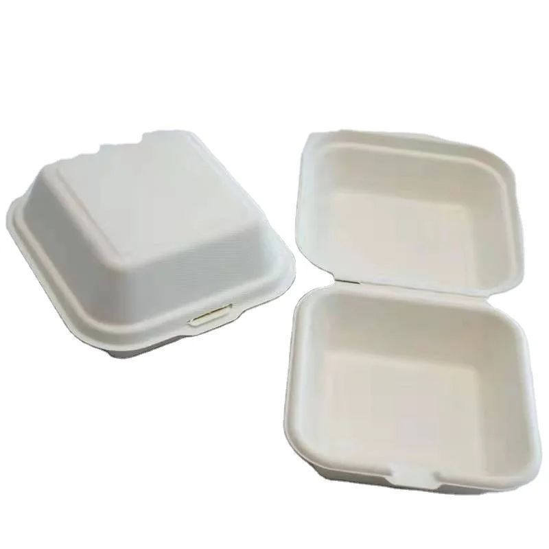 Brand New Biodegradable Bagasse 6 Inches Burger Hamburger Box Sugarcane Pulp Clamshell Container
