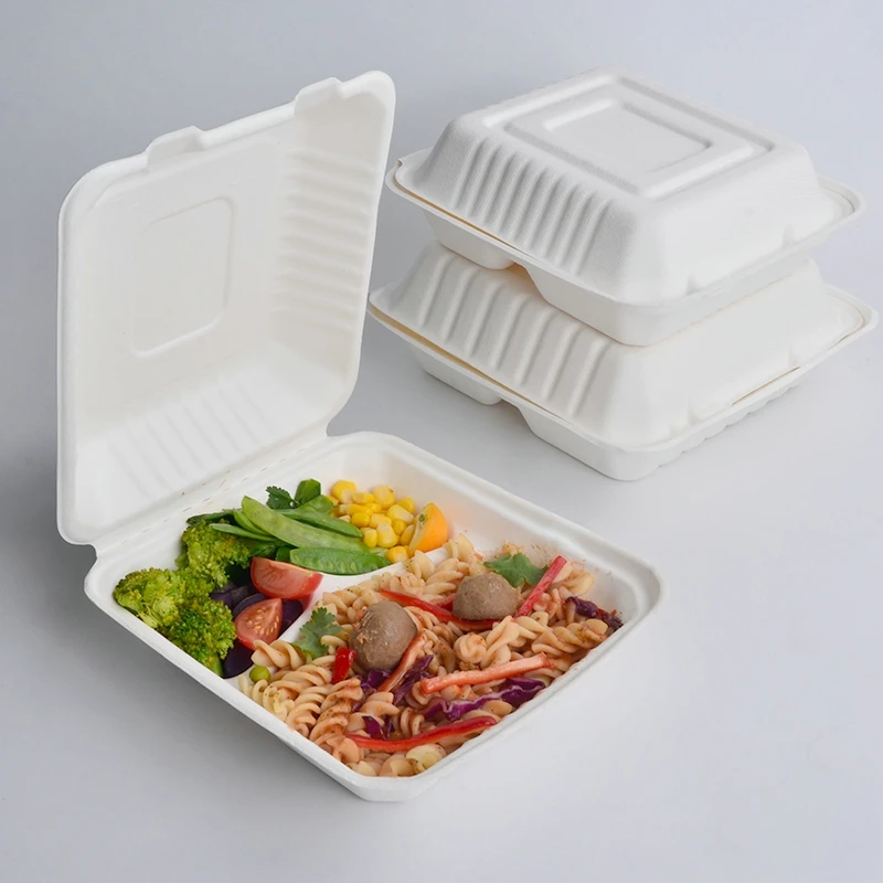 Disposable 6x6 Inch Paper Pulp Bagasse Biodegradable Hamburger Clamshell Sugarcane Box - Image 5