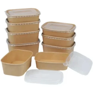 Disposable Double Wall Kraft Paper PE Coating Take Away Rectangle Salad Bowl with Lid Paper Bowl