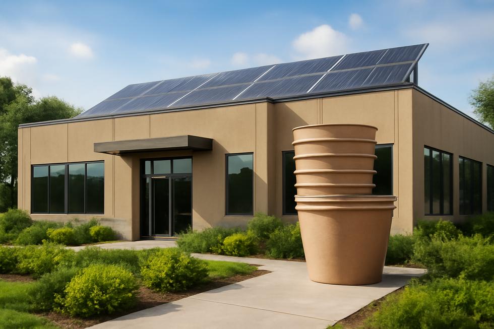 The exterior of a sustainable brown disposable bowl factory showcasing solar energy adoption and green surroundings.