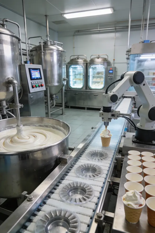 Integrated production line from ingredient mixing to cup filling, illustrating automation and process control.
