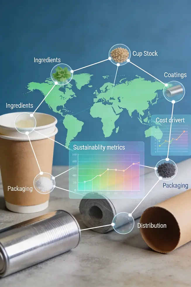 Integrated production line from ingredient mixing to cup filling, illustrating automation and process control.