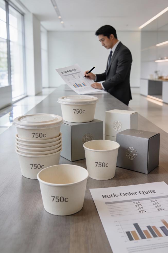 Cover image showing 750cc paper bowls, lids, and packaging in a wholesale-ready setting with a business professional evaluating orders.