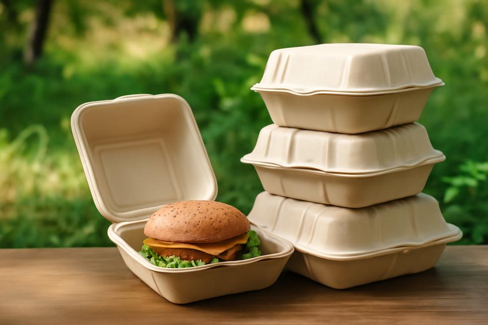 Variety of compostable hamburger boxes displayed outdoors, exemplifying eco-friendly packaging.