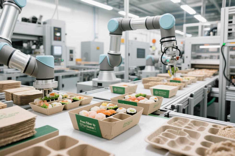 Wide, photo-realistic shot of a factory floor producing compostable sushi boxes from bagasse, PLA, and molded pulp.