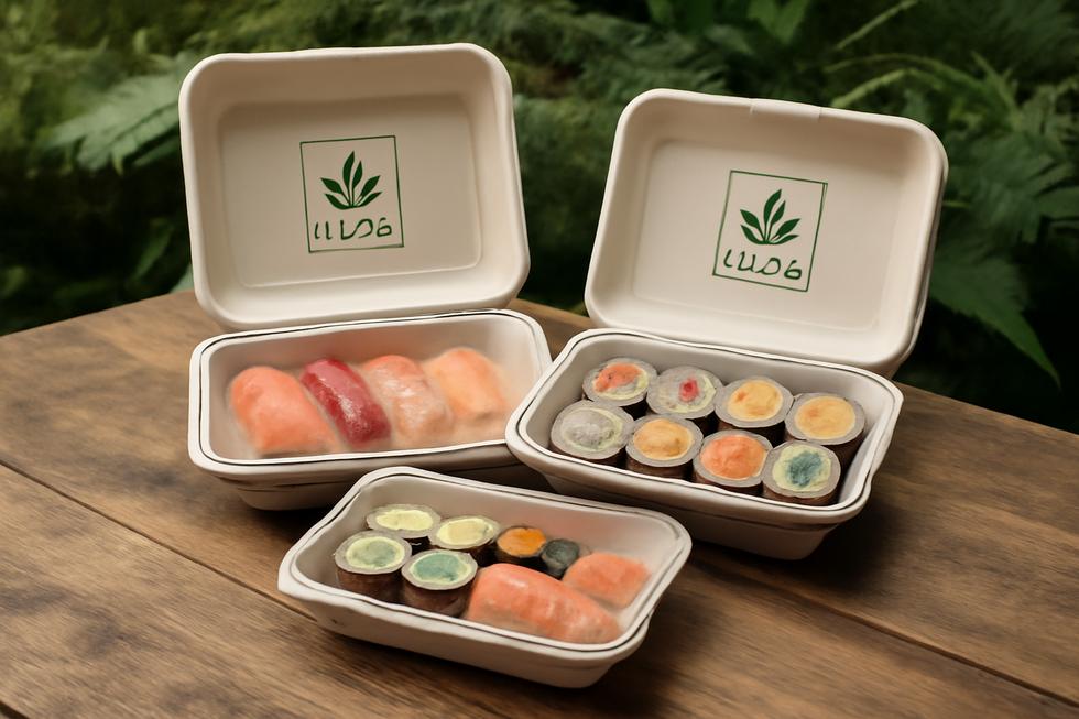 An appealing display of sushi served in customized bagasse boxes made from eco-friendly materials.