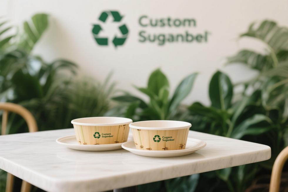 Branded sugarcane bowls arranged on a table with a green, eco-friendly backdrop.