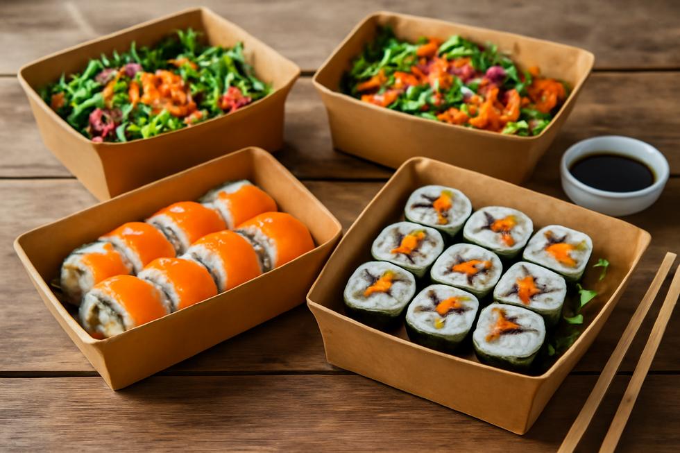 A visually appealing setup of disposable kraft paper sushi boxes filled with sushi rolls and salads, embodying eco-friendly packaging.