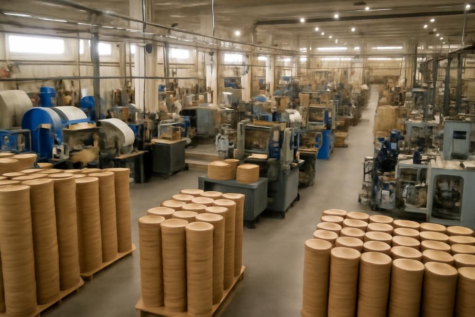An overview of a manufacturing facility dedicated to producing kraft paper bowls.