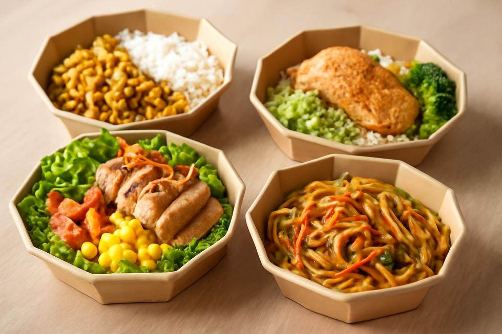 Cluster of octagonal paper bowls displaying colorful meals, highlighting their unique design for food service.